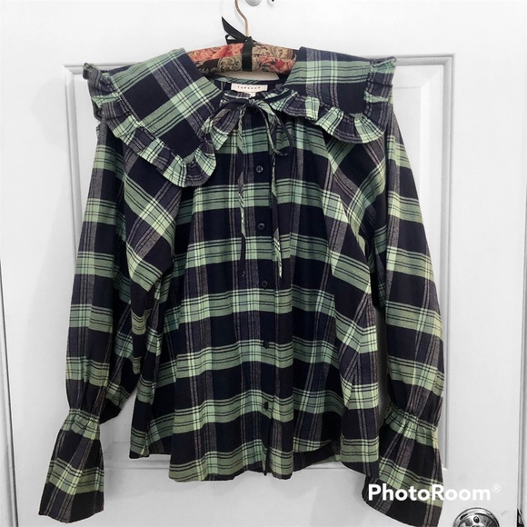 NWT Topshop Plaid Ruffle Blouse - Picture 1 of 6